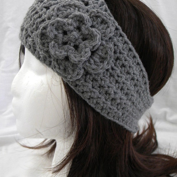 Crocheted Flower Headwrap in Heather Gray