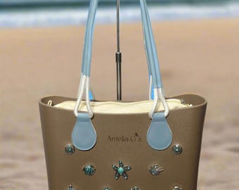 Life’s a Beach Bogg Style Tote | Long Handle Beach Bag | Interchangeable Snap Jewelry | Bogg Charms | Coastal Charm Handbag