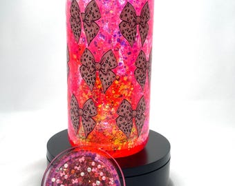 Pink Leopard Bow Tumbler | 20oz Acrylic Pink Lava Glitter Snow Globe Cup | Trendy Handmade Gift