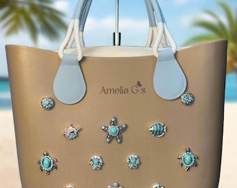 Life’s a Beach Bogg Style Tote | Short Handle Beach Bag | Interchangeable Snap Jewelry | Bogg Charms | Coastal Charm Handbag