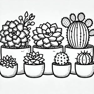 May include: A black and white line drawing of a collection of potted succulents and cacti. The succulents have a variety of shapes and sizes, and the cacti are round and spiky. The pots are all different shapes and sizes, and some have a dotted pattern.