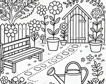 Könnte beinhalten: Schwarz-Weiß-Strichzeichnung einer Gartenszene. Mit einer Holzbank, einem Zaun, Blumen in Töpfen, einem Gartenhaus, einer Gießkanne und einem Weg durch den Garten.