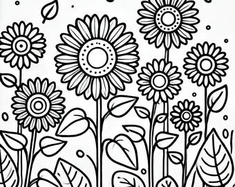 May include: Black and white line art illustration of sunflowers in various stages of bloom. The image features detailed outlines of the flowers, leaves, and stems, with a clean, minimalist aesthetic. The sunflowers are the primary focus, set against a plain white background.