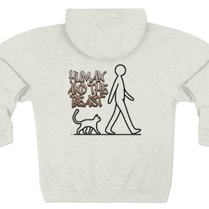 Human And The Beast Cat Drawing Zip Hoodie, Unisex Sweatshirt, Animal Lover Gift, Cute Cat Zip Up Jacket, Pet Owner Hooded Sweatshirt