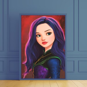 Disney Descendants Inspired Art Print, Disney Villain Kids Wall Decor, Fairytale Fantasy Artwork, Mal from Descendants art, Teen Room Print