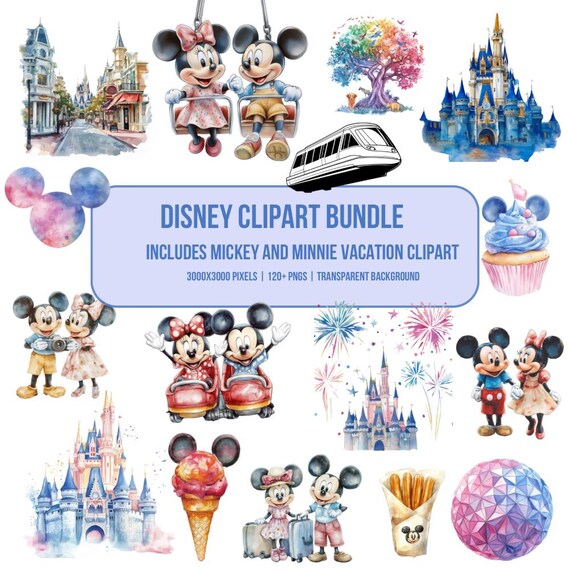 Magical Vacation Clipart Bundle,  Watercolor Disney-Inspired Art, Mickey and Minnie PNG, Digital Download, 120+ Files, Sublimation Clipart