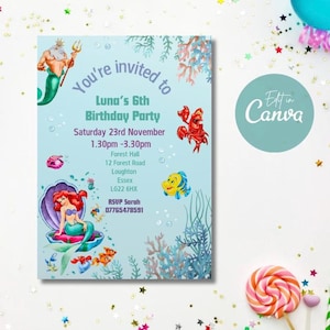 Faire-part d'anniversaire modifiable de la petite sirène de Disney, invitation Disney, modèle de toile, invitation de fête de sirène personnalisable, téléchargement immédiat