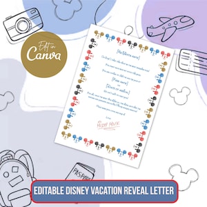 Editable Disney Trip Reveal Letter, Canva Template, A4 Printable Surprise Letter for Kids, Magical Vacation Announcement