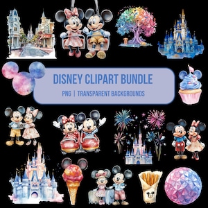 May include: A digital clipart bundle featuring watercolor illustrations of Disney characters and landmarks. The bundle includes Mickey Mouse, Minnie Mouse, Cinderella's Castle, fireworks, and more. The images are on transparent backgrounds.