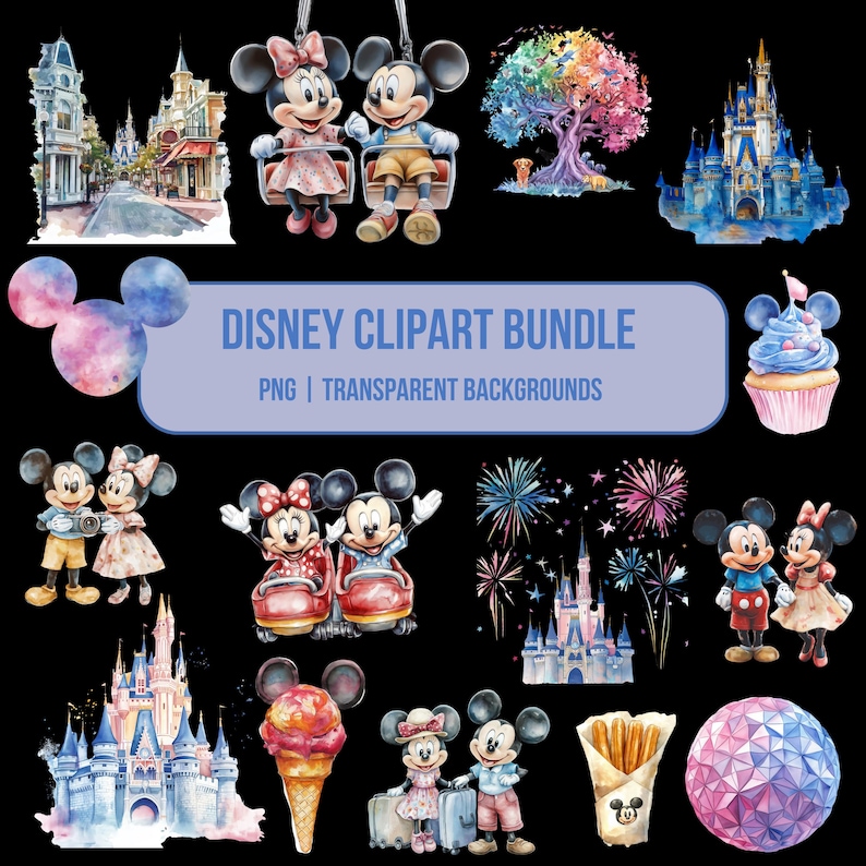 May include: A digital clipart bundle featuring watercolor illustrations of Disney characters and landmarks. The bundle includes Mickey Mouse, Minnie Mouse, Cinderella's Castle, fireworks, and more. The images are on transparent backgrounds.