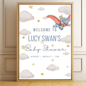 Editable baby shower welcome sign, Dumbo the Flying Elephant Design, Baby shower Decor, personalised, Dumbo Themed baby shower welcome Sign