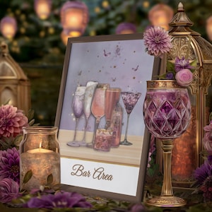 Set editable de recepción de boda con temática de Rapunzel, letreros de mesa, números, menús y tarjetas de nombre, plantillas de Canva, boda de cuento de hadas, temática de Enredados