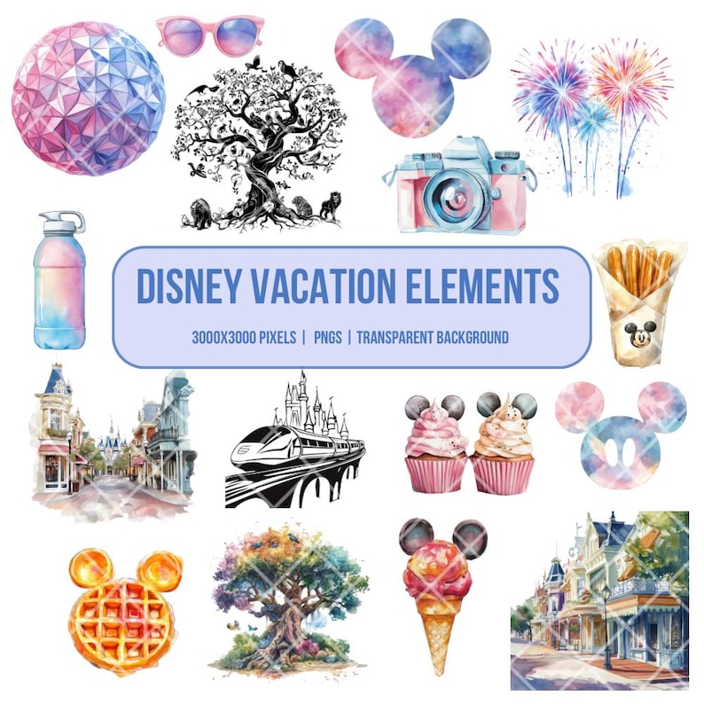Disney Vacation Clipart Bundle PNG | 120+ Watercolor Theme Park Graphics | Instant Download | Cricut & Sublimation Designs image 2