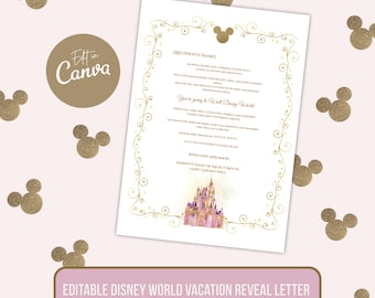 Carta de revelación de viaje a Disney World / Imprimible de viaje sorpresa editable / Revelación de vacaciones en Disney / Descarga instantánea de Canva