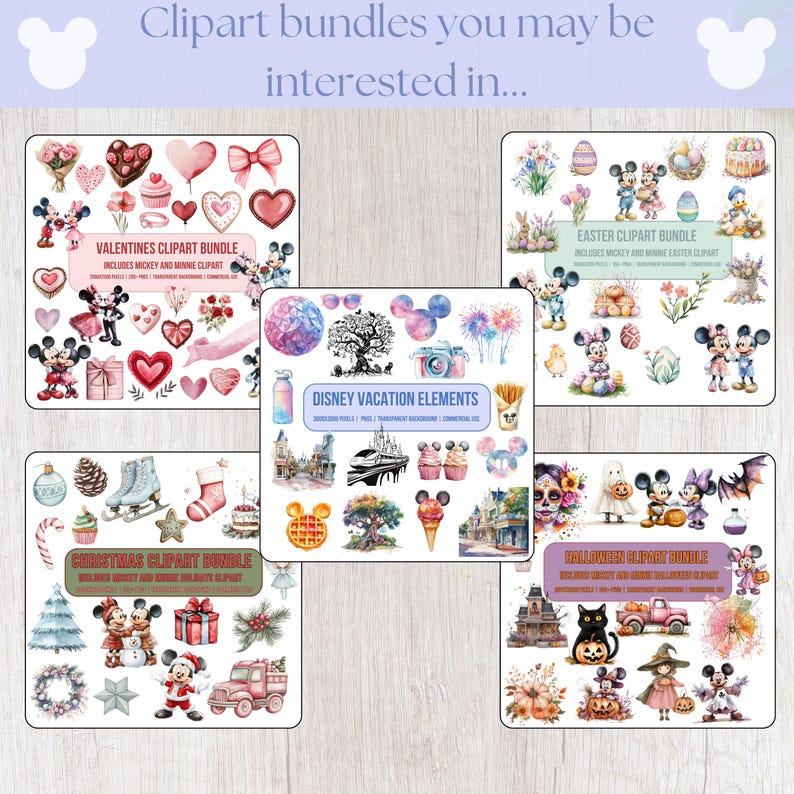 May include: A set of ten digital clipart bundles featuring various Disney characters, including Mickey Mouse and Minnie Mouse. The bundles include themes such as Valentine's Day, Easter, Christmas, Halloween, and a Disney vacation.