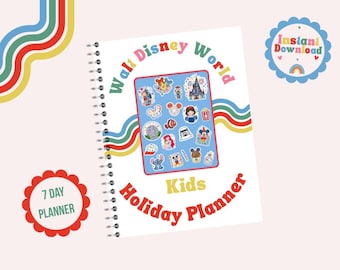 Agenda 7 giorni per bambini WDW, diario di viaggio per bambini a Disney World, agenda attività arcobaleno, giochi per le vacanze, diario delle vacanze colorato, PDF stampabile