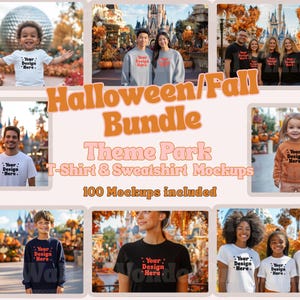 May include: A set of 100 Halloween and Fall themed t-shirt and sweatshirt mockups featuring various people wearing different designs in a theme park setting. The mockups are perfect for showcasing your designs and creating eye-catching visuals for your online store.