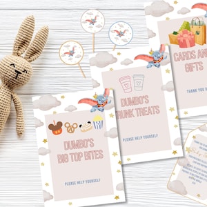 Baby Shower Signs, Dumbo the Elephant Design, Flying Elephant Baby Shower Decor, Dumbo Cake Toppers, Thank You Tags, Table Signs