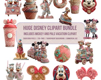 Magical Vacation Clipart Bundle: Mickey and Friends, Pastel Theme Park PNGs (Digital Download