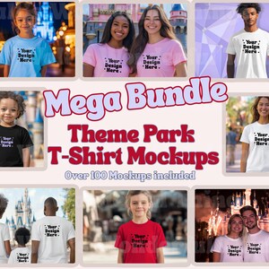 Könnte beinhalten: Eine Sammlung von T-Shirt-Mockups mit Personen, die T-Shirts in verschiedenen Farben tragen. Der Text "Mega Bundle Theme Park T-Shirt Mockups" ist groß geschrieben. Der Text "Over 100 Mockups included" ist ebenfalls sichtbar.