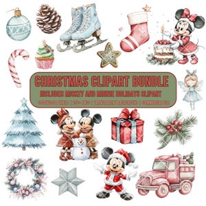 Paquete de imágenes prediseñadas navideñas de Disney, más de 250 PNG de acuarela, Mickey y Minnie, árboles navideños inspirados en Disney, regalos, galletas, sublimación