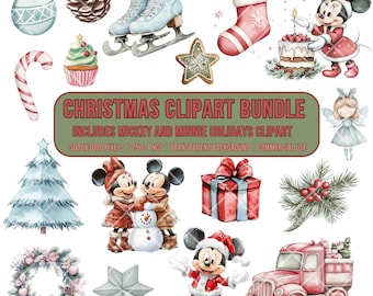 Disney Weihnachten Clipart Bundle, Aquarell Mickey und Minnie PNG (digitaler Download)