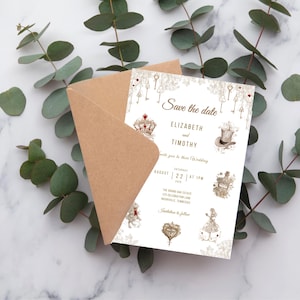 Thème de mariage modifiable d'Alice au pays des merveilles, réservez votre date, modèle canva 5 x 7, réservez cette date de conte de fées, serez-vous ma demoiselle d'honneur/garçon d'honneur ?