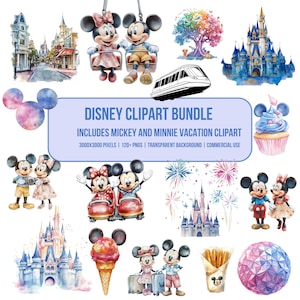 Paquete de imágenes prediseñadas de vacaciones mágicas, arte inspirado en Disney en acuarela, Mickey y Minnie PNG, descarga digital, más de 120 archivos, imágenes prediseñadas de sublimación