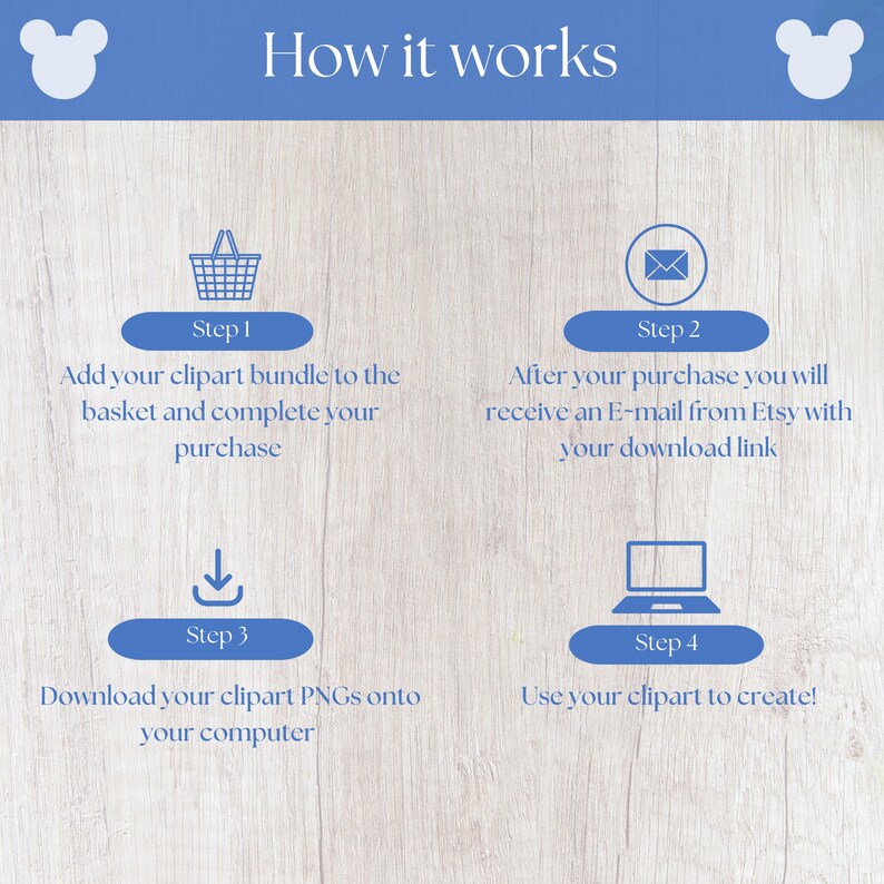 May include: A four-step guide on how to use clipart. The steps are: 1. Add to basket and complete purchase, 2. Receive an email with a download link, 3. Download the clipart onto your computer, and 4. Use the clipart to create.