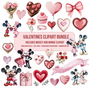 Paquete de imágenes prediseñadas de San Valentín, tema de acuarela, Mickey y Minnie, descarga digital, imágenes prediseñadas, más de 200 archivos, imágenes prediseñadas mágicas, sublimación