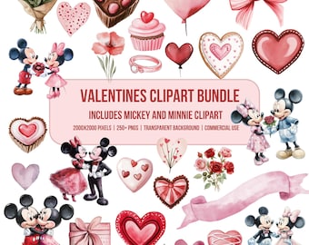Mickey and Minnie Valentine Clipart Bundle, Watercolor Style (Digital Download)