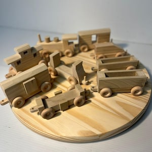 Custom Handmade 9 train set - engine, box cars, coal cars, car carrier, and caboose -  4 feet when all connected Wood Kids Toy &quot;no paint&quot;