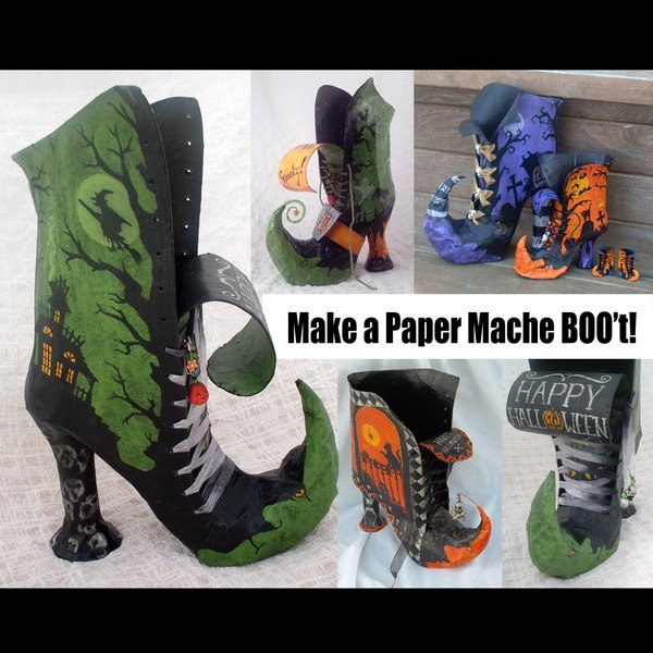 How to Make Paper Mache Witch BOO't (PDF Tutorial) - Pattern and Instructions for DIY Halloween Witch Boot Container
