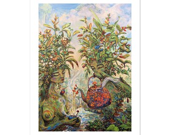 Jungle Tea Time Print, Whimsical Magical Realism Painting, Tropical Wall Art