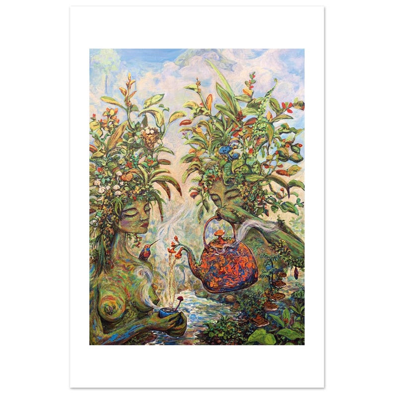 Jungle Tea Time by Daniel Wesson: fine art print of two figures sharing tea in a blooming jungle