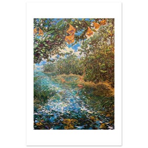 Music of the Flowers by Daniel Wesson: fine art print of a shimmering river winding beneath blossoming tropical trees