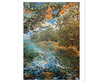 Music of the Flowers Print, Tropical River Landscape Painting, Jungle Wall Art