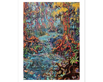 Lámina Raíces en el río, pintura psicodélica de la selva tropical, arte mural de la jungla