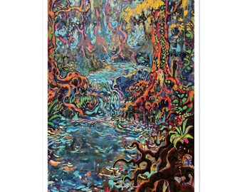 Lámina Raíces en el río, pintura psicodélica de la selva tropical, arte mural de la jungla