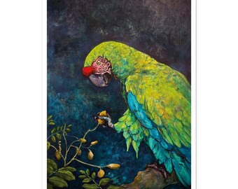 Estampado de guacamayo verde, pintura de loro de Costa Rica, arte mural de aves tropicales