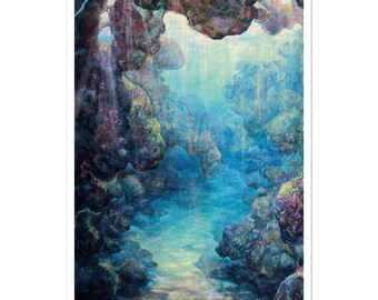 Estampado de cueva submarina, Pintura del océano Cuevas del Tiempo, Arte mural del mar azul