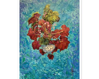 Lámina de begonias, pintura de flores rojas de Costa Rica, arte botánico para pared.