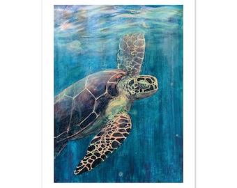 Print van een groene zeeschildpad, schilderij van een schildpad die naar de oceaan kijkt, onderwater muurdecoratie