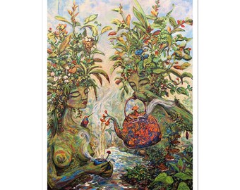 Lámina "Hora del té en la jungla", pintura de realismo mágico y caprichoso, arte mural tropical.