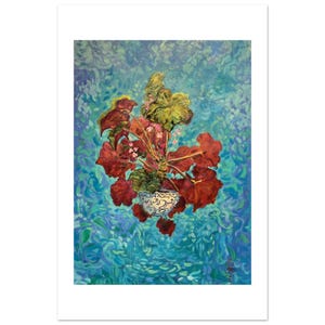 Begonias by Daniel Wesson: fine art print of a floating pot of red begonias on a blue background