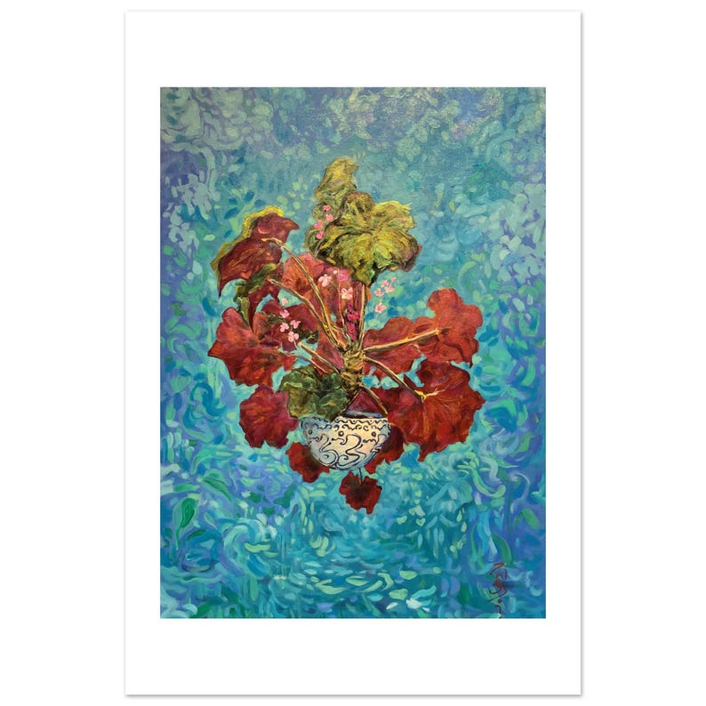 Begonias by Daniel Wesson: fine art print of a floating pot of red begonias on a blue background