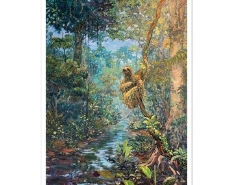 Estampado de perezoso de tres dedos, pintura de la selva tropical de Costa Rica, arte mural de perezoso