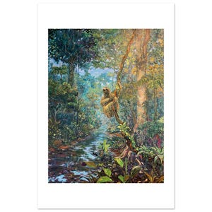 Three-Toed Sloth by Daniel Wesson: fine art print of a three-toed sloth hanging beside a river in the Costa Rican jungle