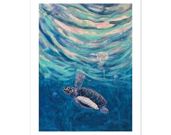 Baby Sea Turtle Print, The Turtle's Way Ocean Painting, Jellyfish Wall Art