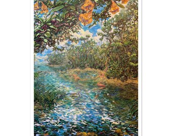 Lámina "Música de las Flores", Pintura de Paisaje Fluvial Tropical, Arte Mural de la Selva